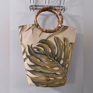 Vintage Elaine Turner Leaf Print Tote with Bamboo Handles